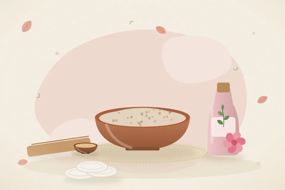 Illustrated still life with sandalwood, rose water.