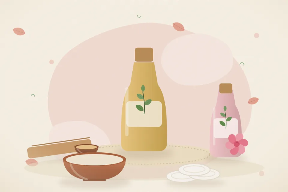 Illustrated still life with sandalwood, rose water.