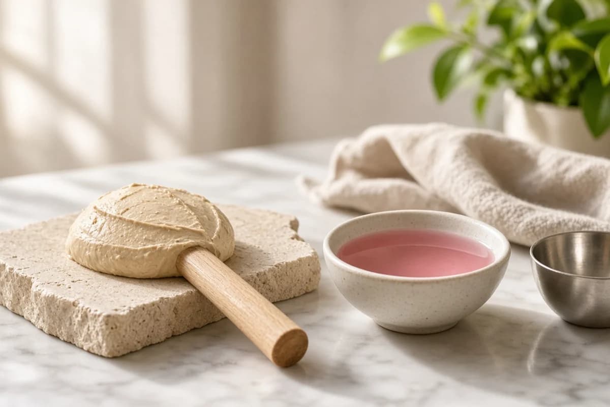 Sandalwood paste on a wooden spatula over a stone slab beside a small bowl of rose water.