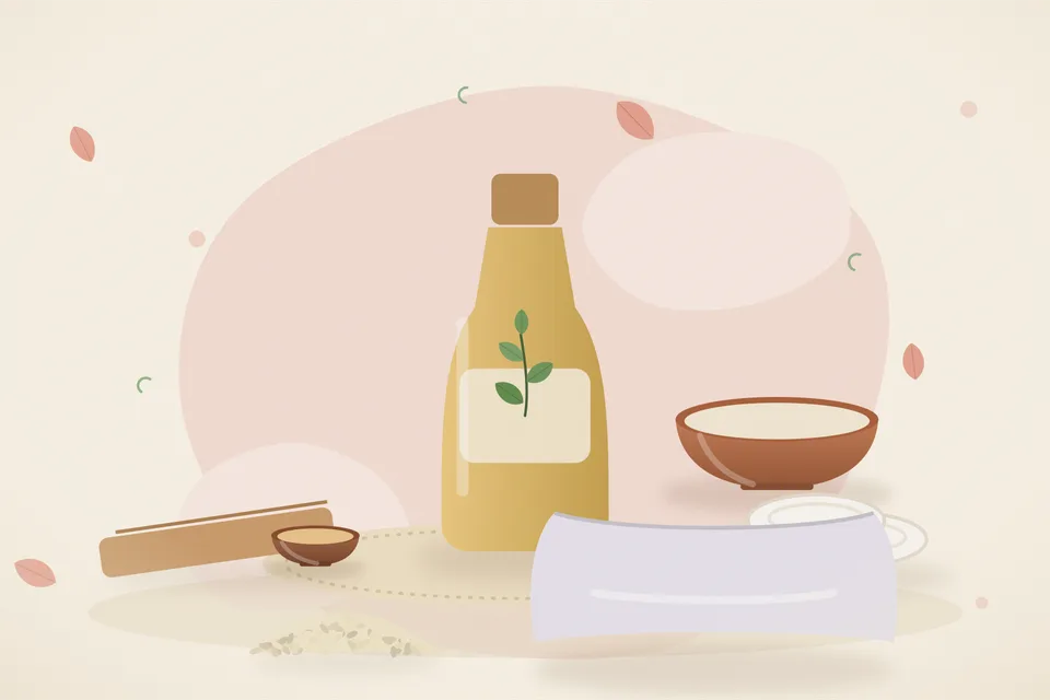 Illustrated still life with sandalwood, cotton pads, sesame seeds, a soft pillow.