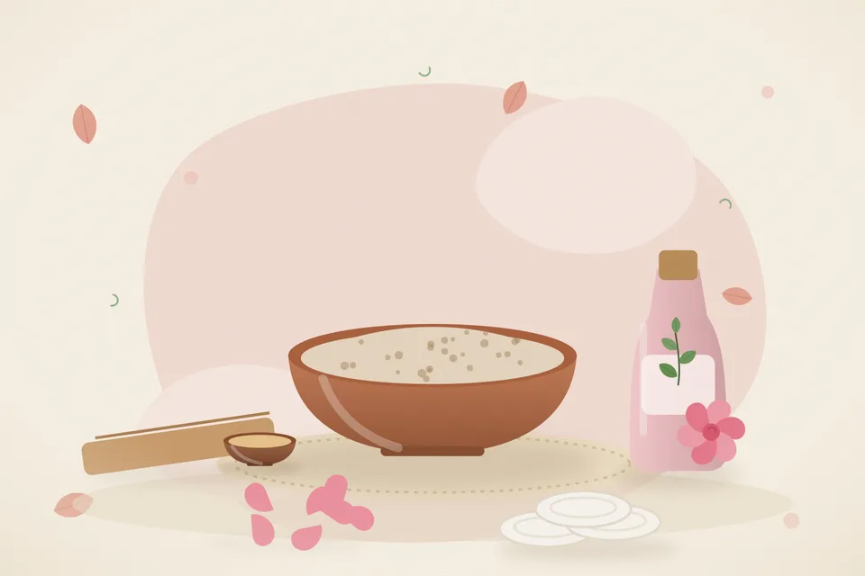Illustrated still life with sandalwood, rose water, rose petals.