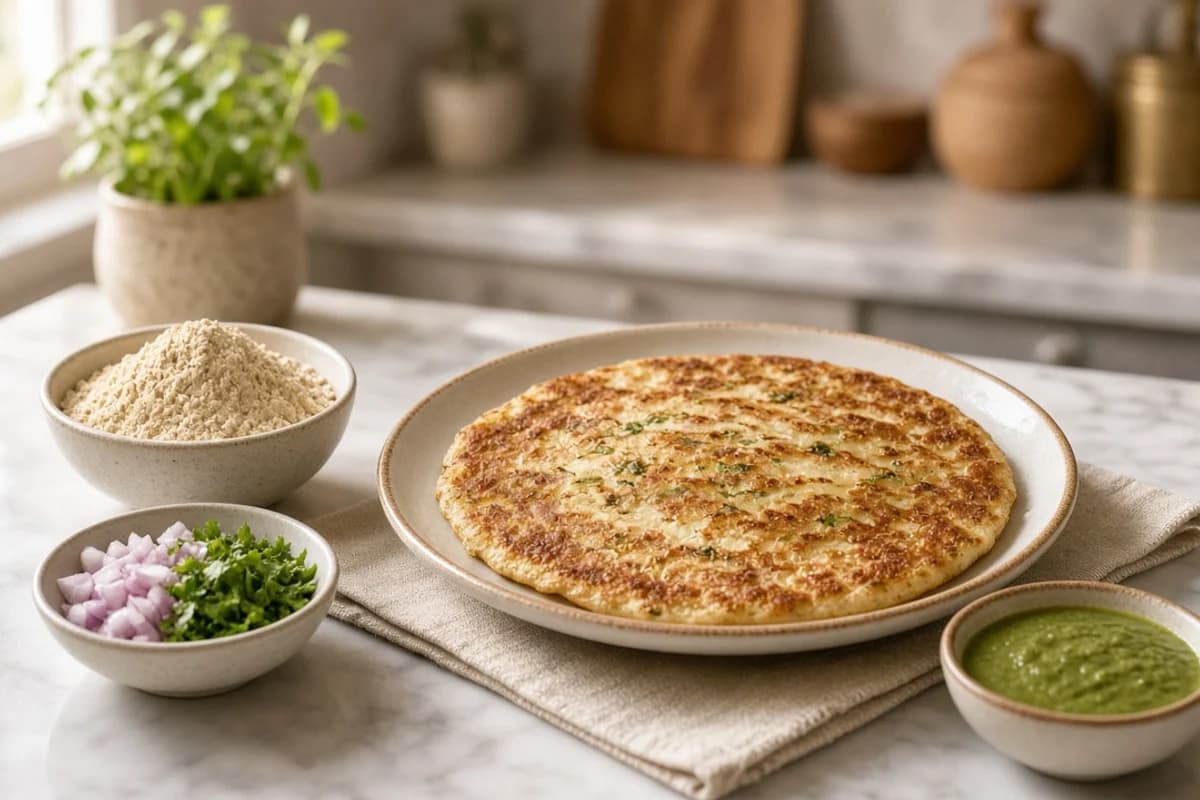 A golden sattu chilla with chopped onion, coriander, a bowl of sattu flour and green chutney.
