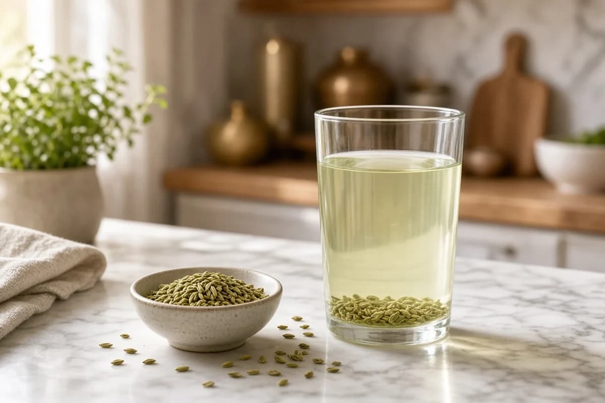 A glass of pale green fennel water with seeds at the bottom, beside a bowl of green fennel seeds.