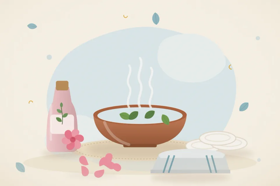 Illustrated still life with rose water, cotton pads, rose petals, a folded cloth.
