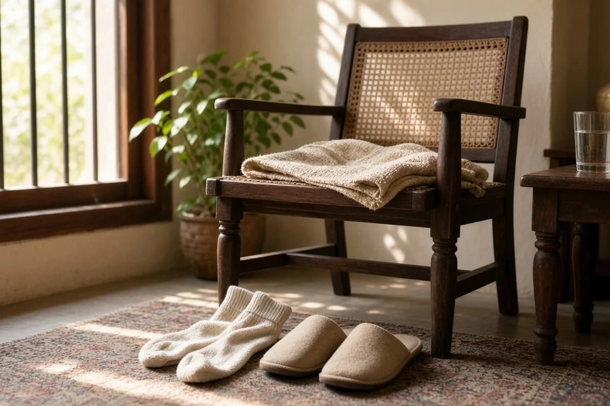 A wooden chair with a folded cloth, woollen socks and slippers on a rug.