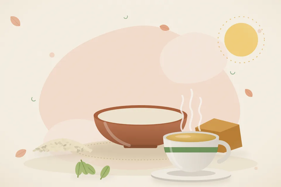 Illustrated still life with sesame seeds, jaggery, cardamom.