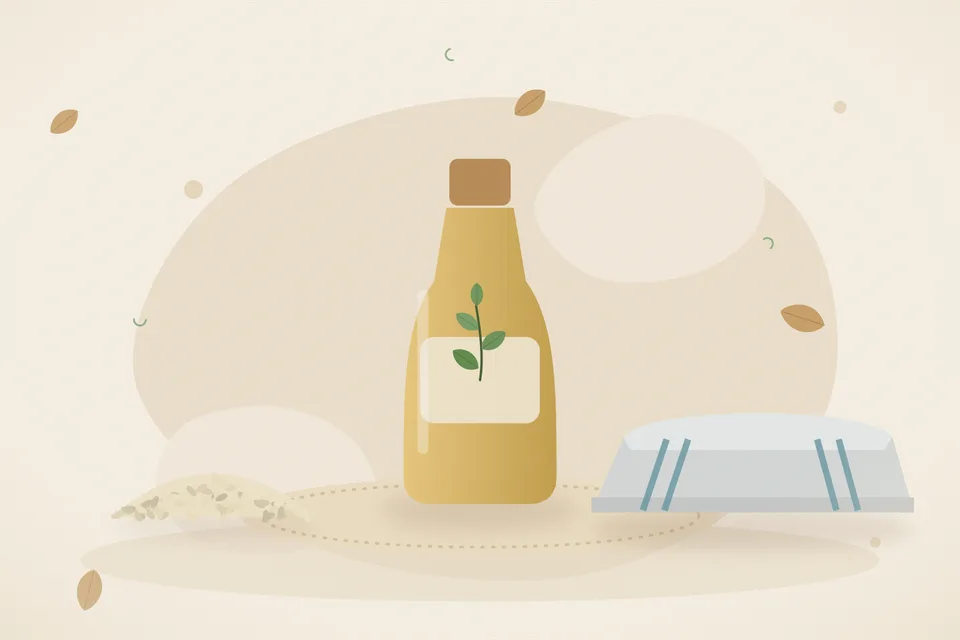 Illustrated still life with sesame seeds, a folded cloth.