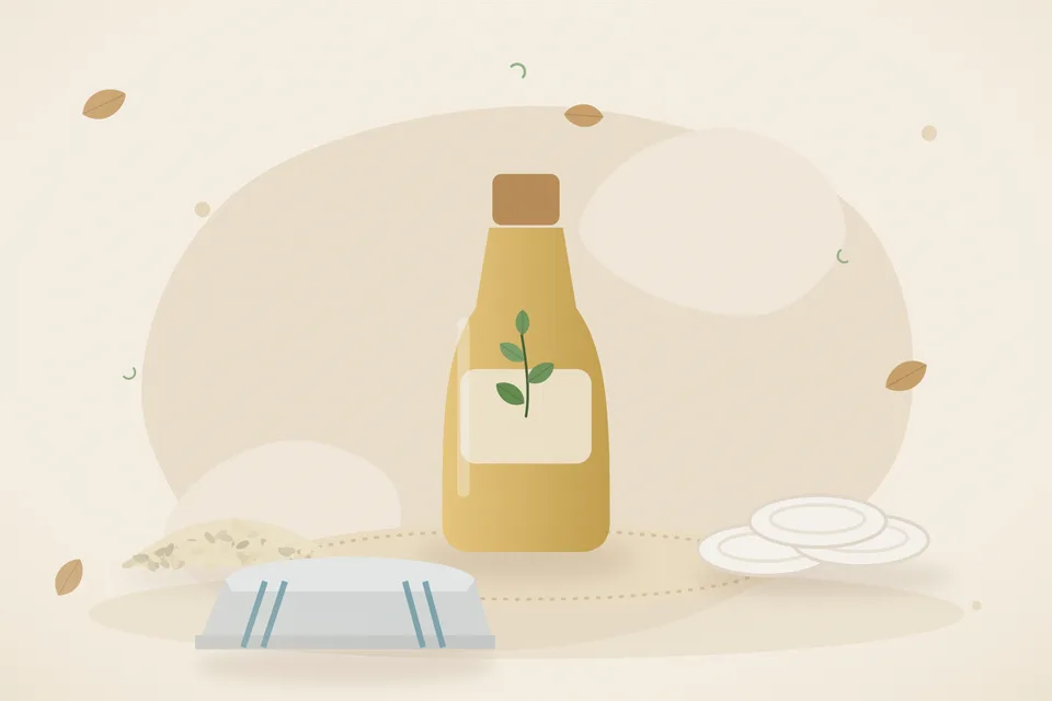 Illustrated still life with sesame seeds, cotton pads, a folded cloth.