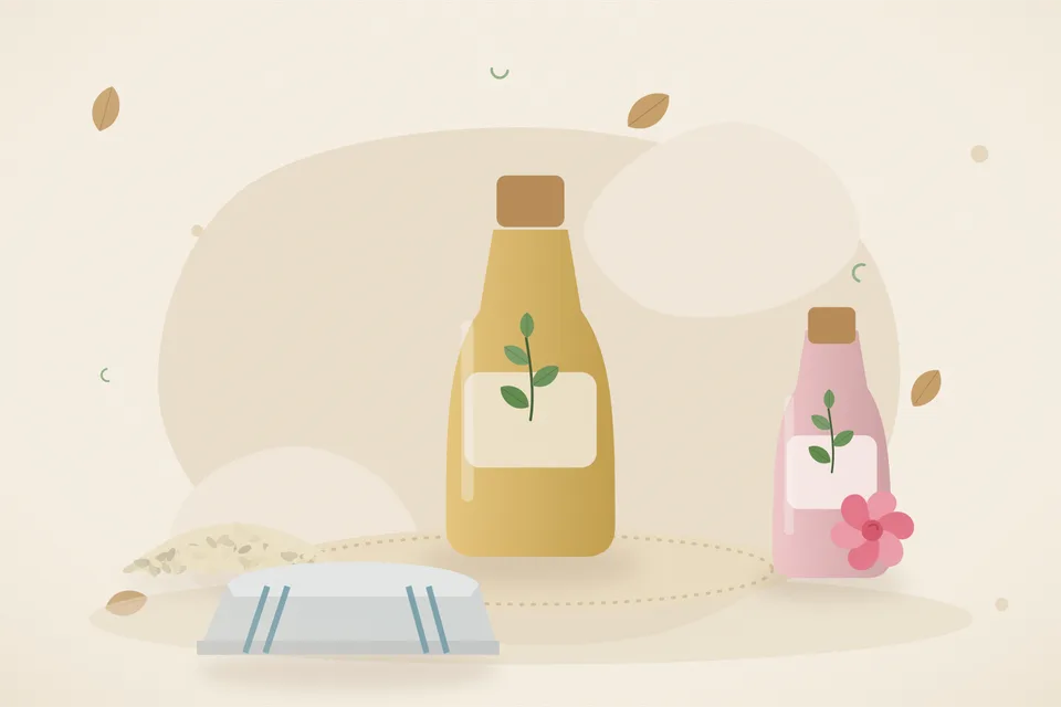 Illustrated still life with sesame seeds, rose water, a folded cloth.