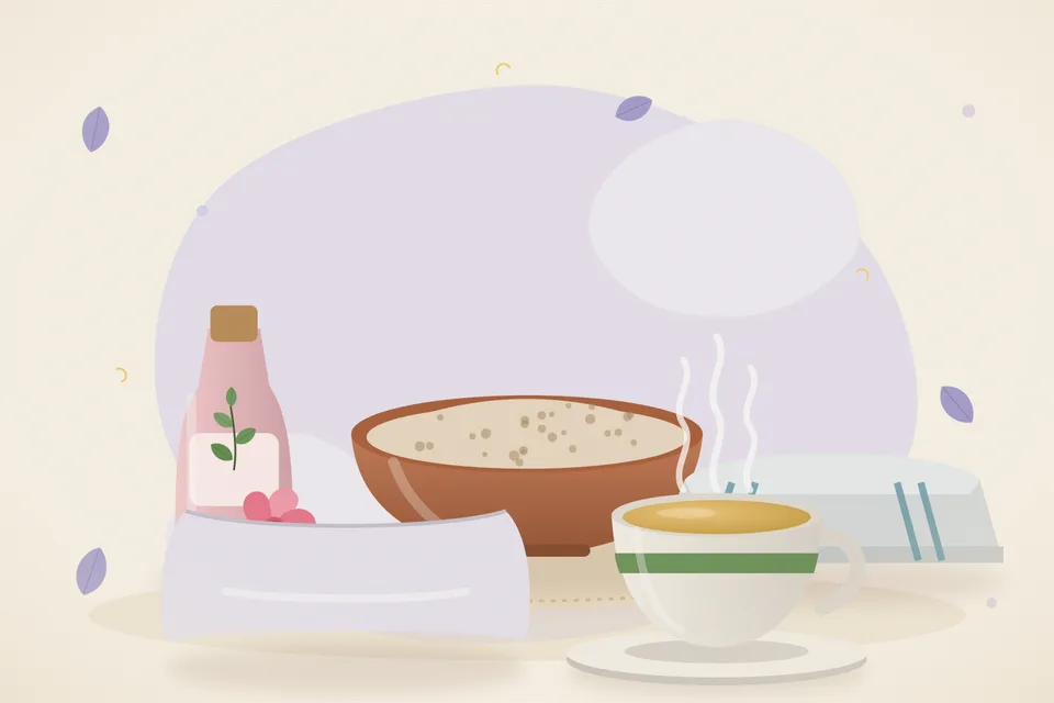 Illustrated still life with rose water, a folded cloth.
