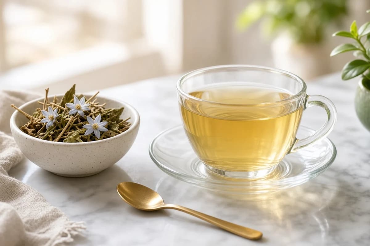 A glass cup of pale yellow tea on a saucer beside a bowl of dried herb with small blue flowers.