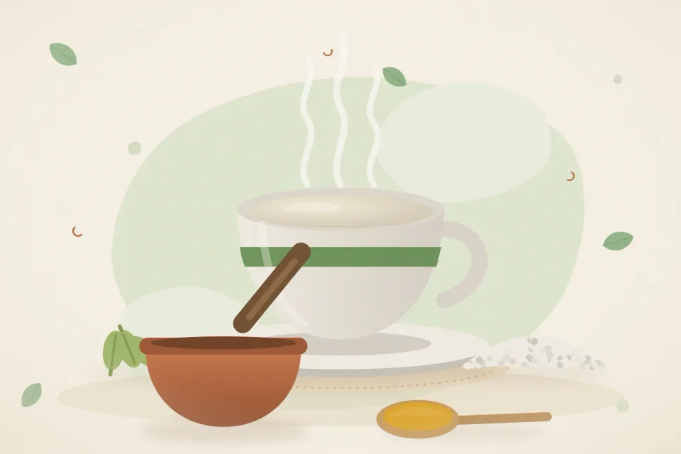 Illustrated still life with cardamom, mishri crystals.