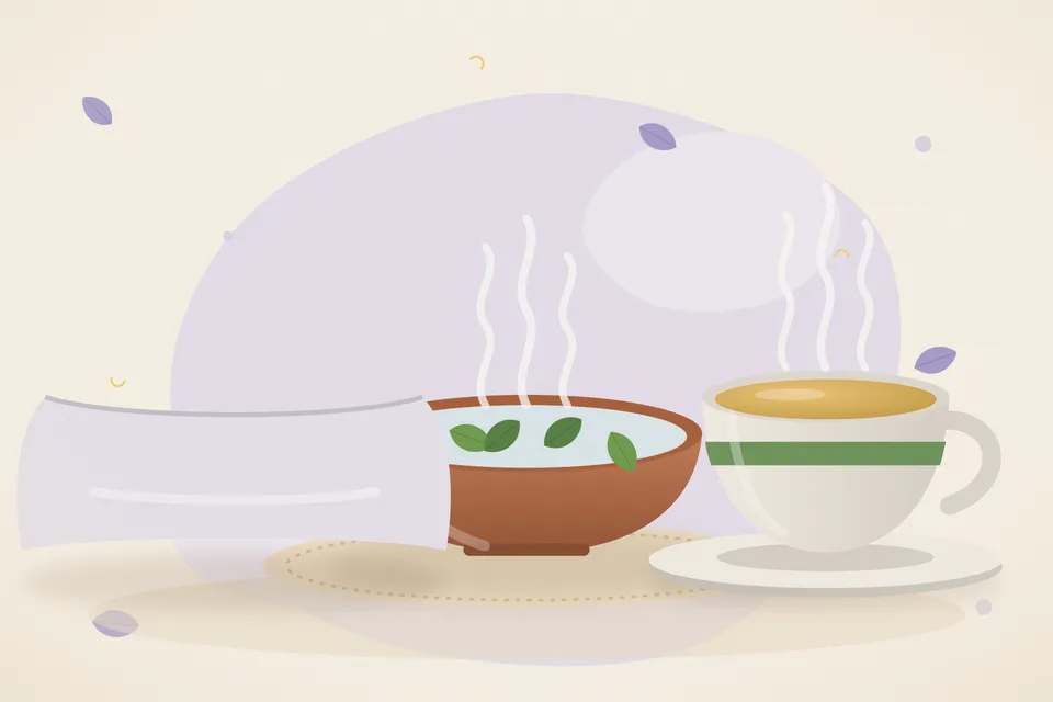 Illustrated Ayurvedic kitchen still life with a bowl, glass and traditional utensils.