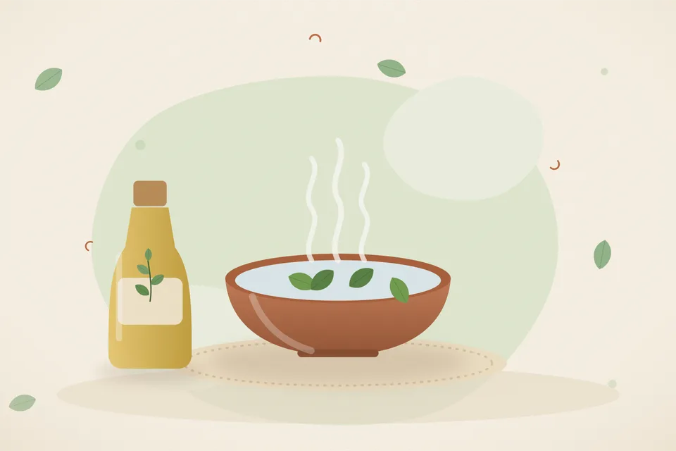 Illustrated Ayurvedic kitchen still life with a bowl, glass and traditional utensils.