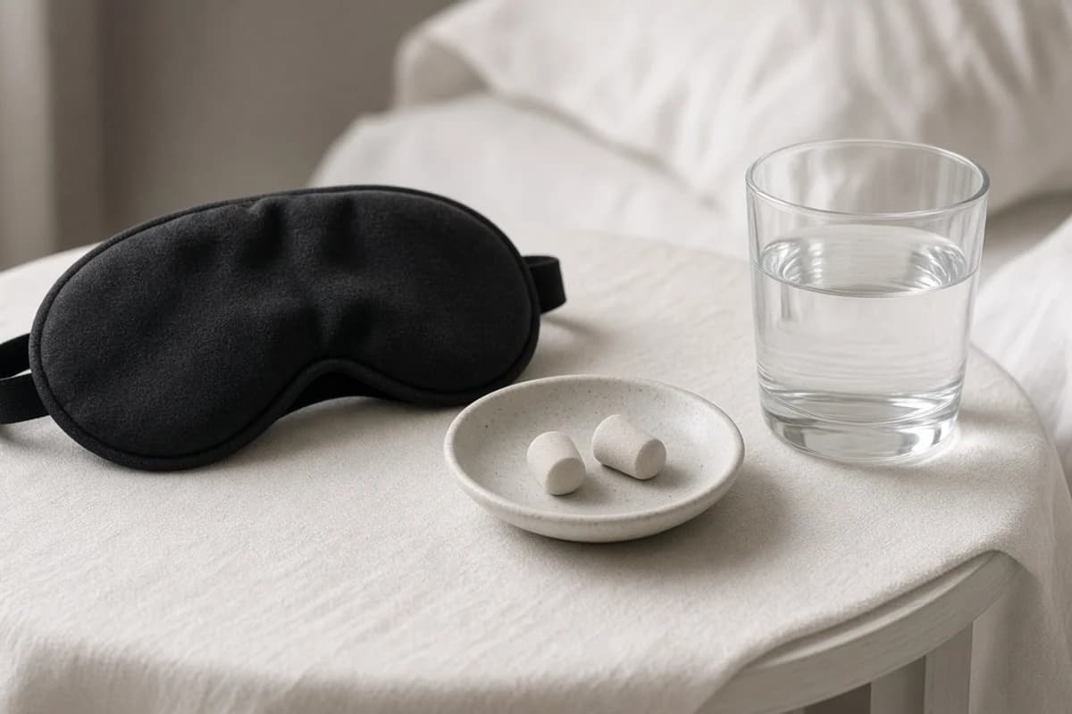 A black cotton sleep mask on a white bedside table with two foam earplugs on a small saucer and a glass of water.