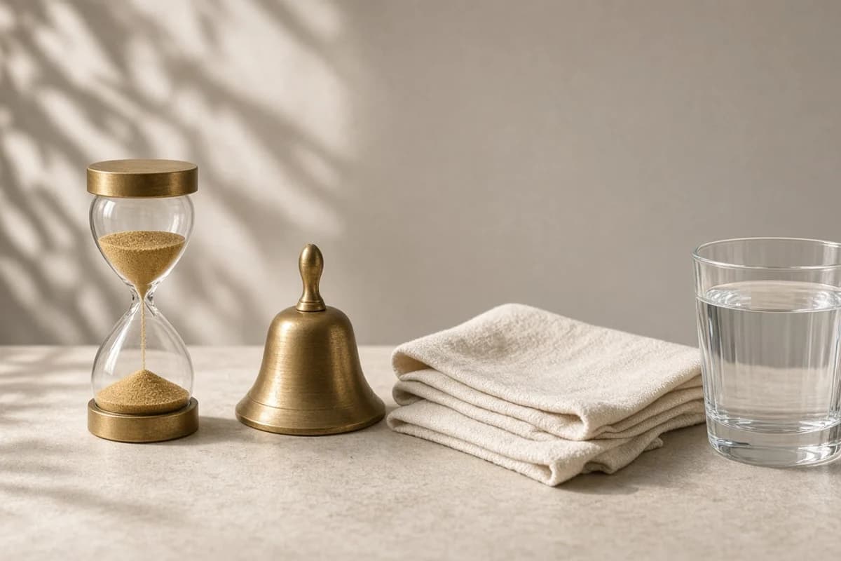 A small hourglass with golden sand beside a brass bell, folded cotton cloths and a glass of water.