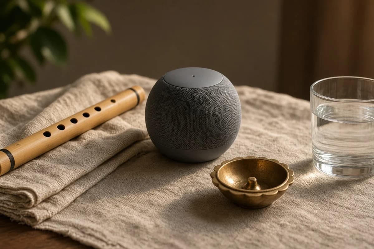A wooden flute beside a round grey speaker, a small brass diya and a glass of water on a linen cloth.