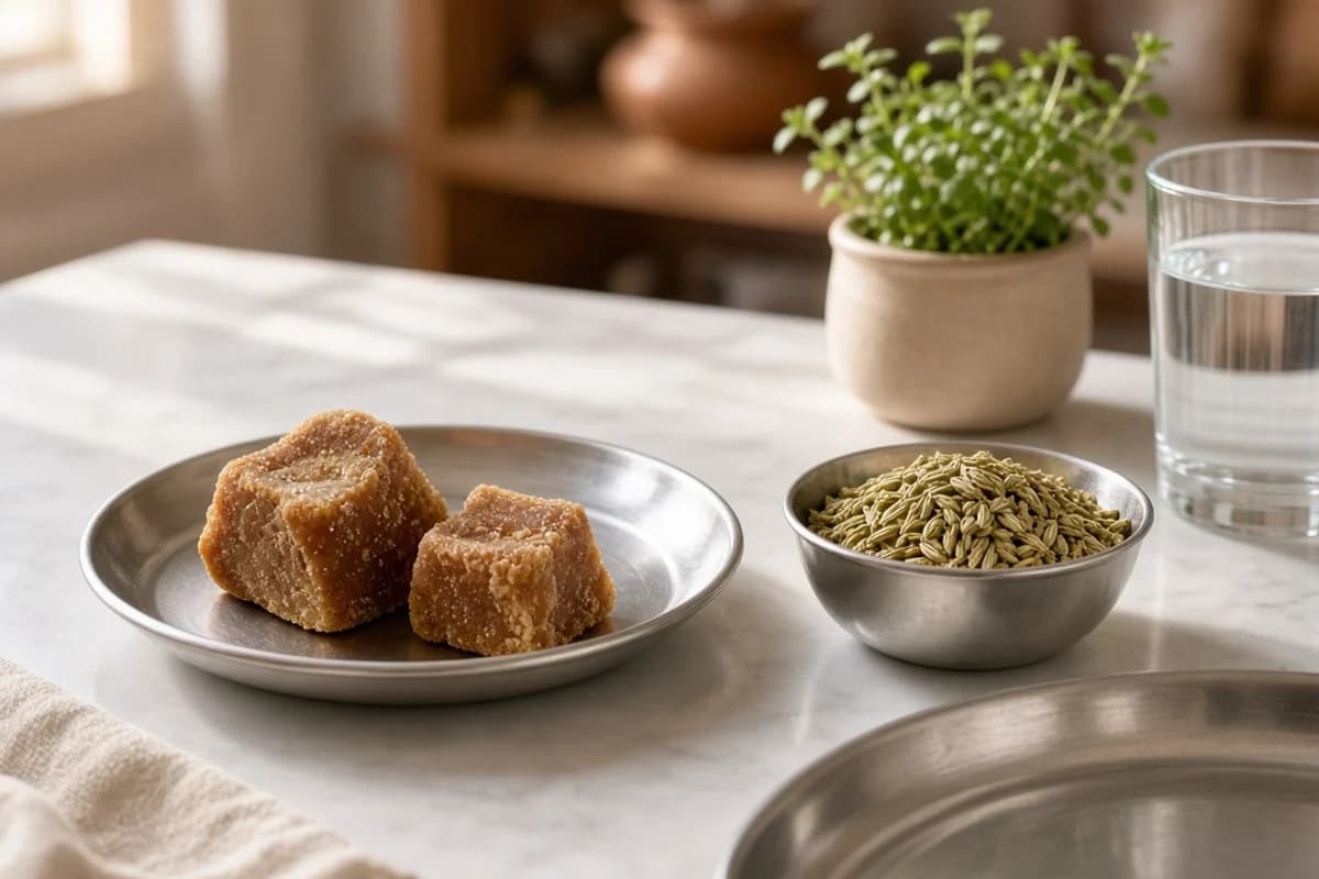 Small pieces of brown jaggery on a steel plate with a bowl of roasted fennel and a glass of water.