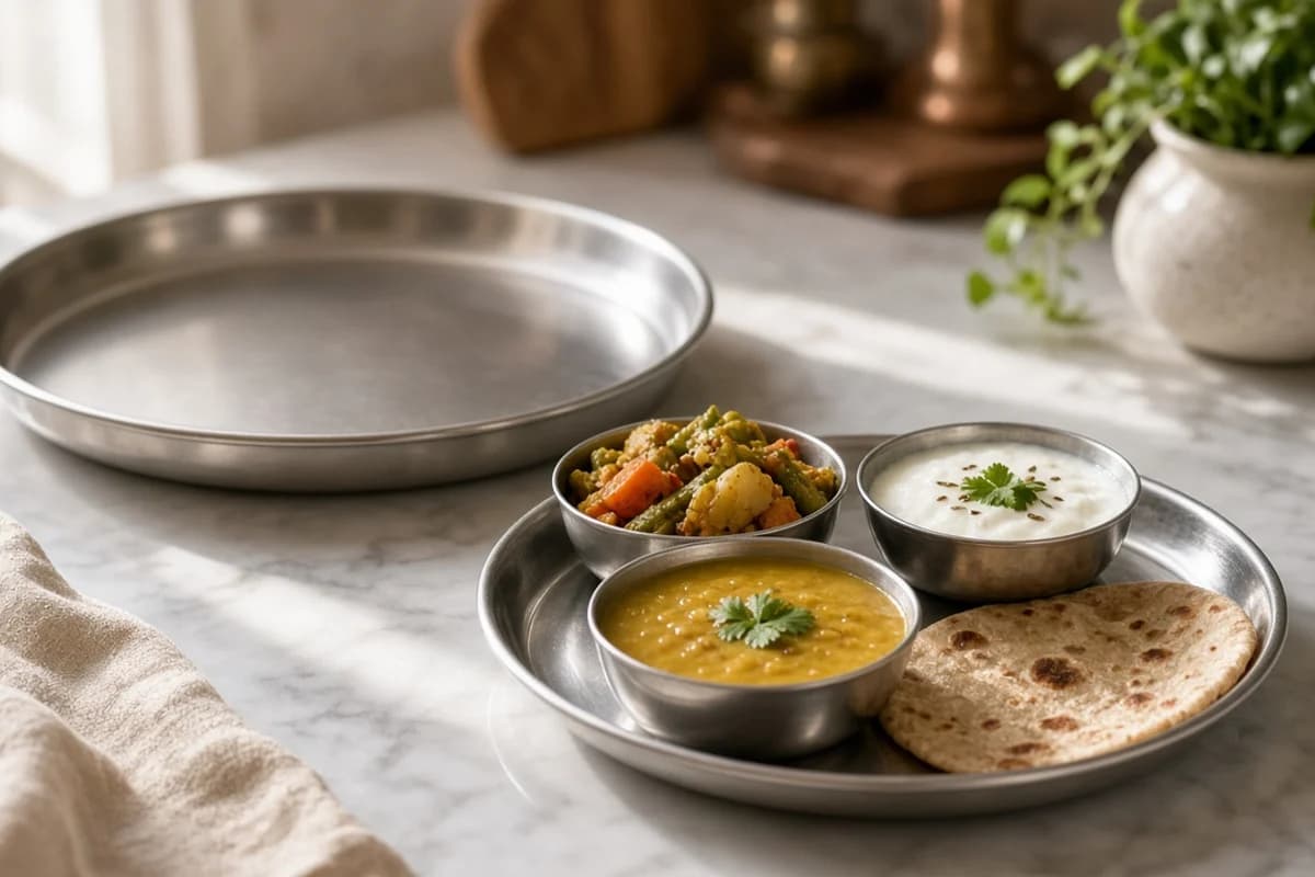 A small steel thali with katoris of dal, sabzi and curd and one roti, with a larger plate behind it.
