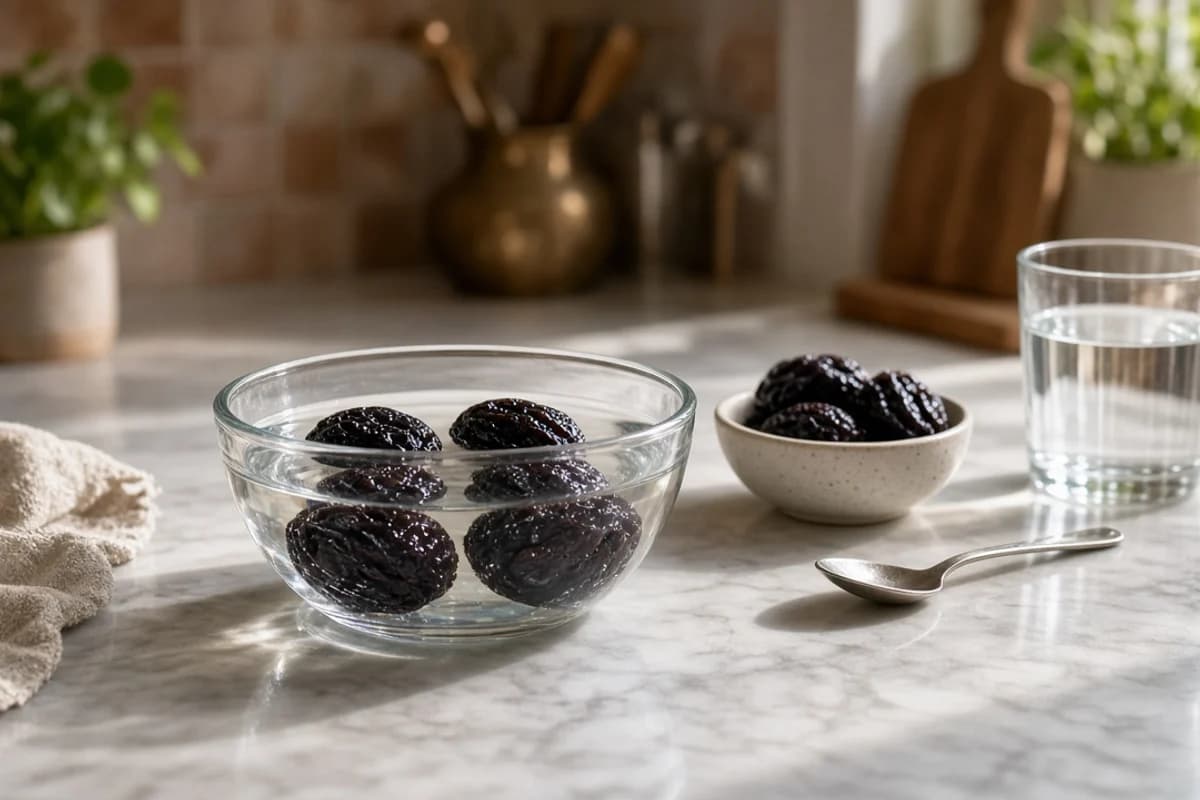 Dark wrinkled prunes soaking in water in a glass bowl, with a small bowl of dry prunes and a glass of water.