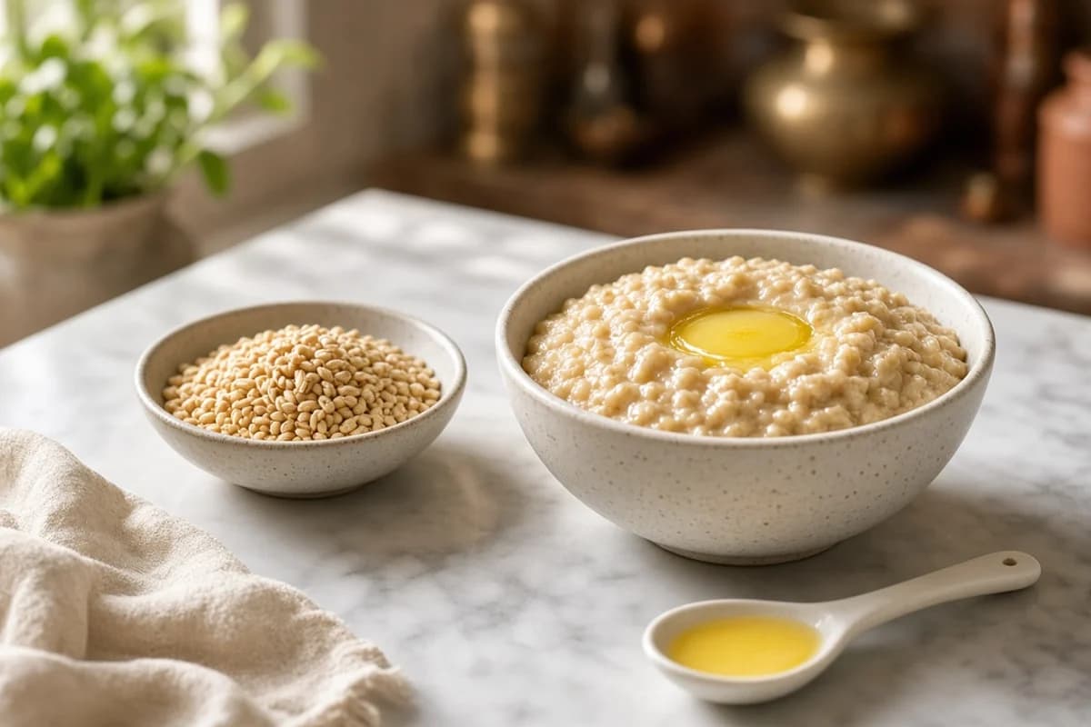 A bowl of warm porridge with a pool of ghee, beside a small bowl of grain and a spoon.