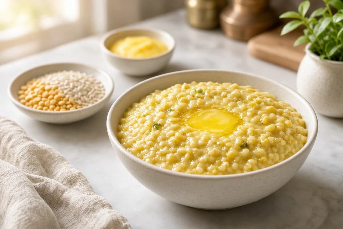 A bowl of soft moong khichdi with ghee, beside dishes of moong dal and grains and a bowl of ghee.