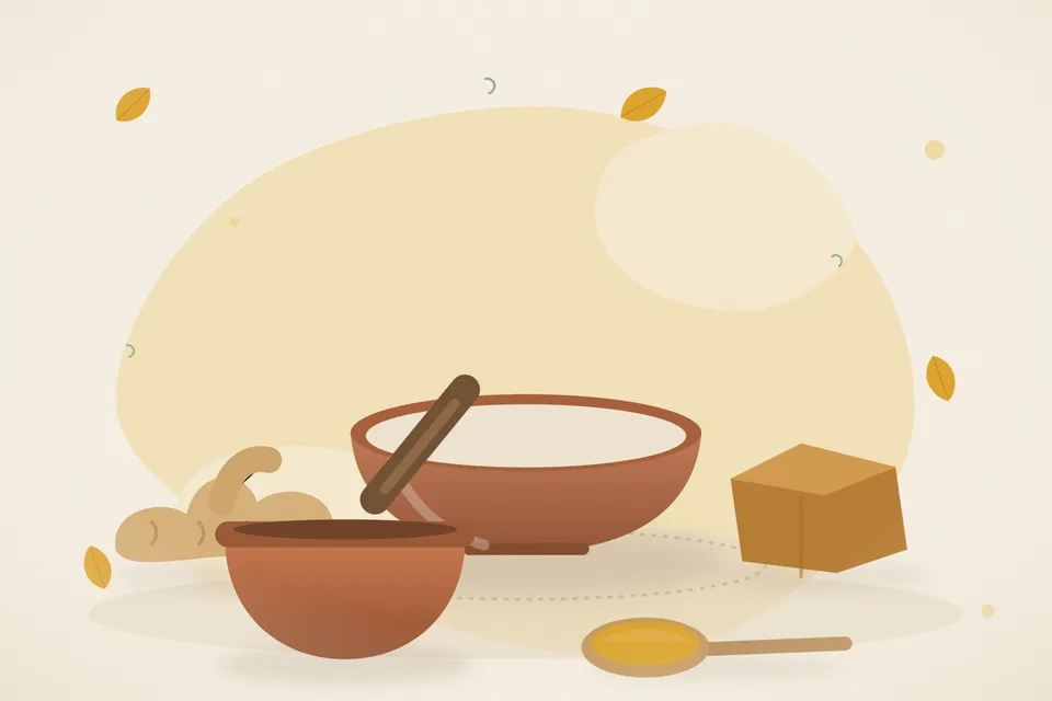 Illustrated still life with fresh ginger, jaggery.