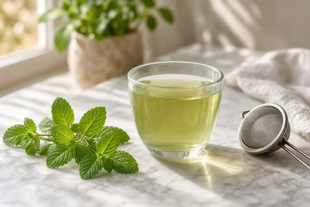 A glass of light green spearmint tea with fresh spearmint sprigs and a small tea strainer.