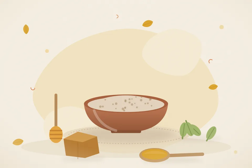 Illustrated still life with honey, cardamom, jaggery.