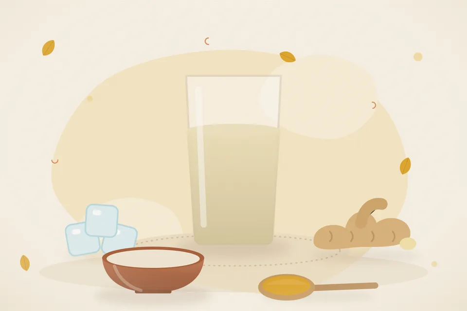 Illustrated still life with ice, fresh ginger.