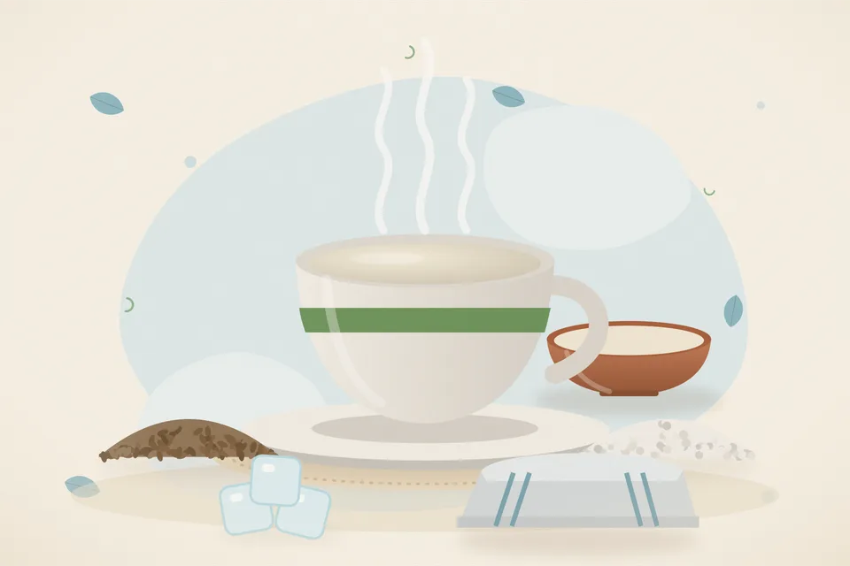 Illustrated still life with cumin seeds, rock salt, ice.