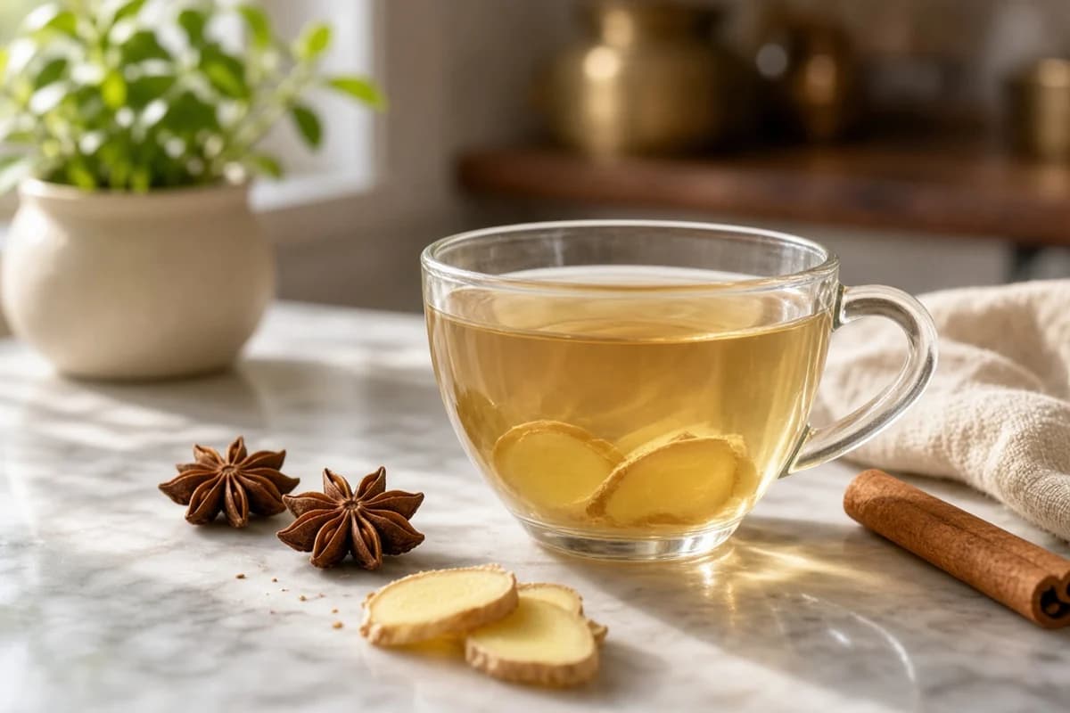 A glass mug of thin pale amber tea beside eight-pointed star anise pods, ginger slices and a cinnamon stick.