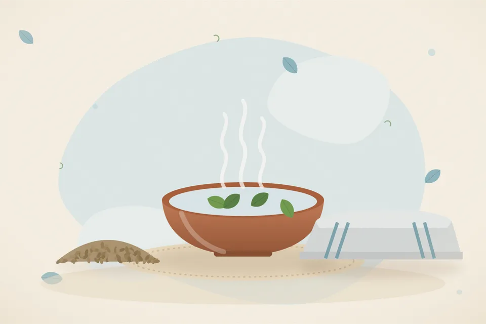Illustrated still life with ajwain seeds, a folded cloth.