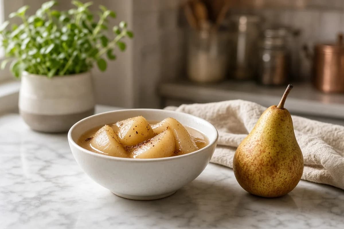 A bowl of stewed pear slices beside a whole ripe pear.