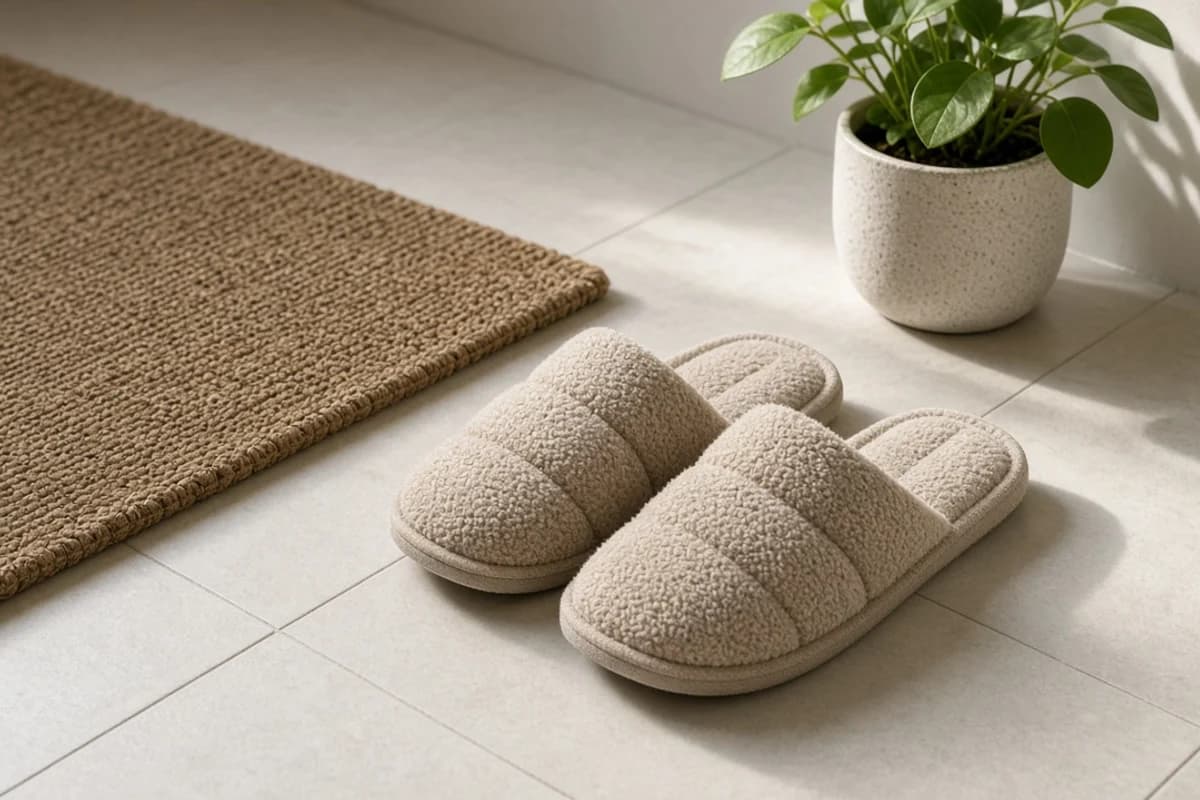A pair of soft cushioned slippers on a tile floor beside a brown rug and a potted plant.