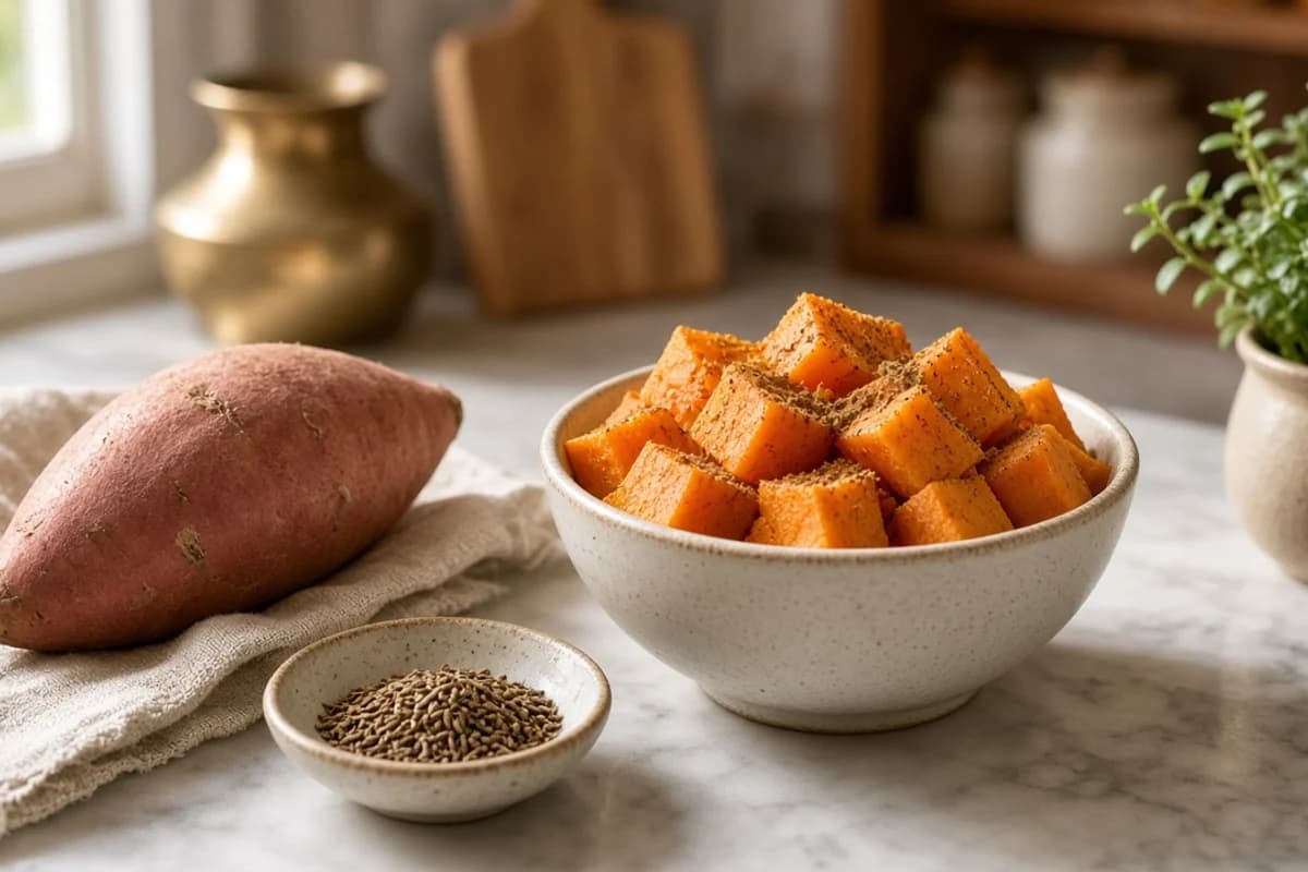 A whole sweet potato beside a bowl of cooked orange cubes and a dish of seeds.