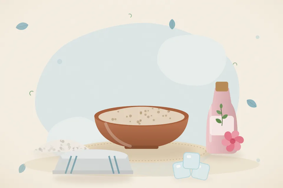 Illustrated still life with mishri crystals, rose water, a folded cloth, ice.