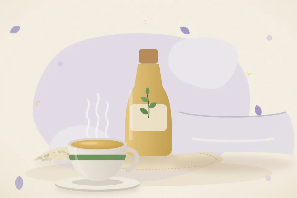 A tiny bowl of warm sesame oil and a folded cotton cloth on a wooden kitchen table.