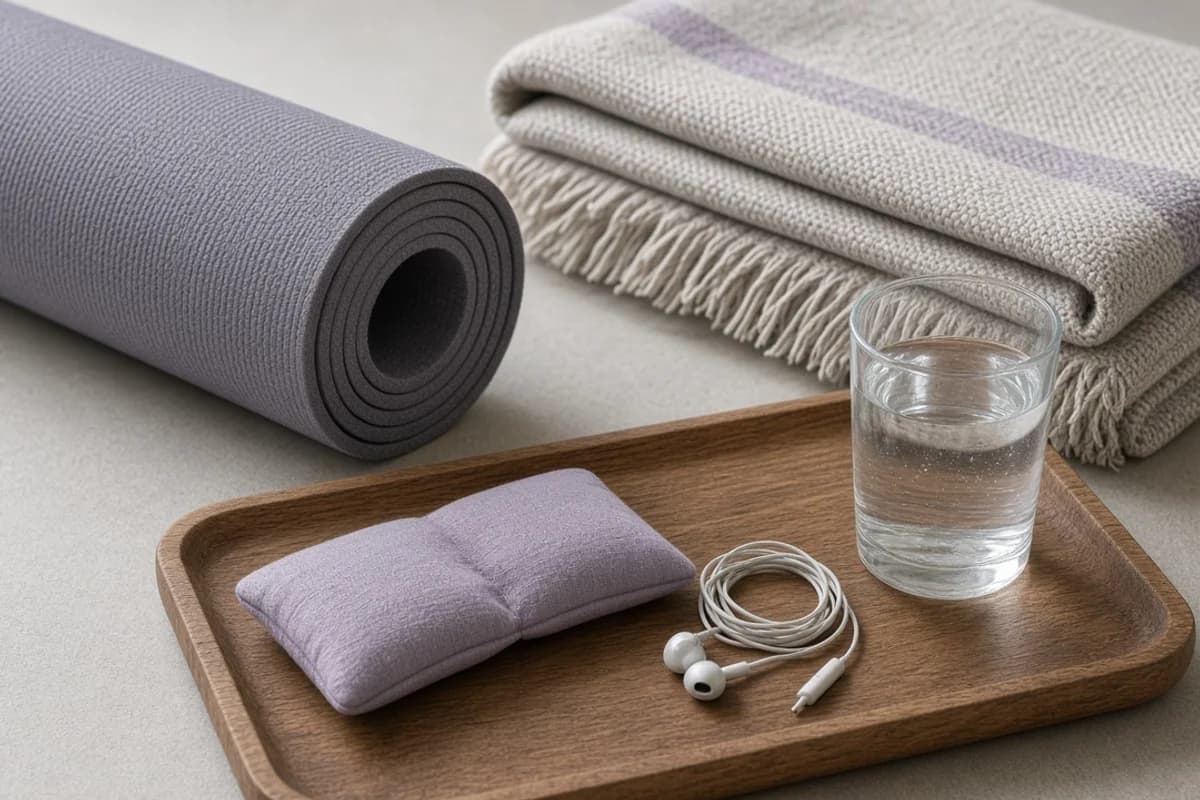 A wooden tray with a soft purple eye pillow, coiled earphones and a glass of water, with a rolled yoga mat and folded blanket behind.