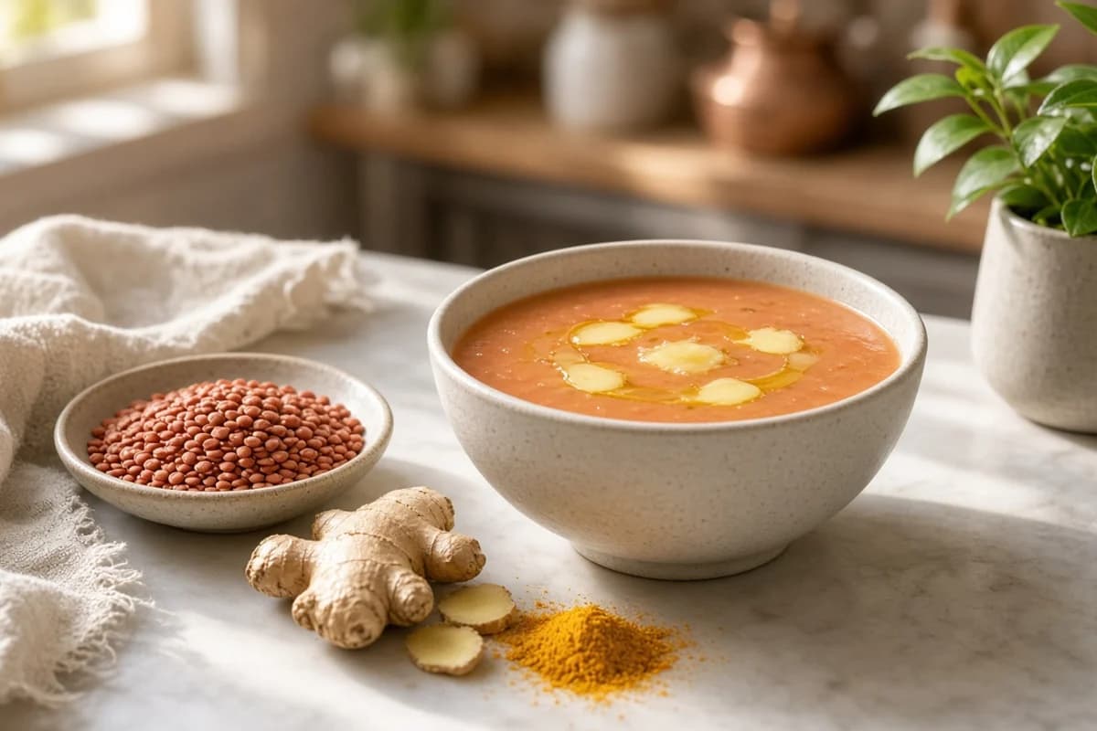 A bowl of orange masoor soup with ghee, beside red lentils, ginger and turmeric powder.