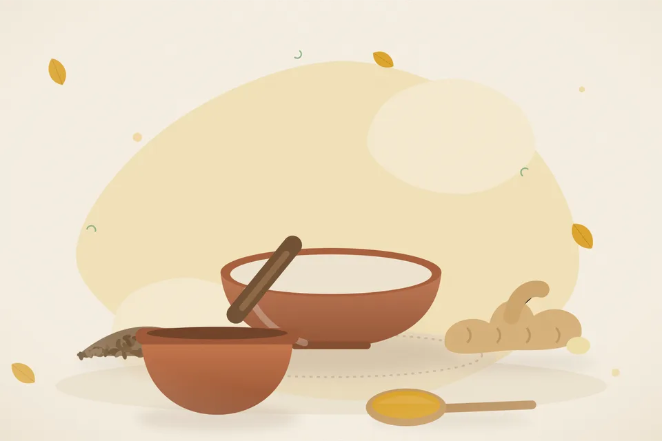 Yellow moong dal, cumin, ginger and a small bowl of ghee beside thin gruel on a wooden board