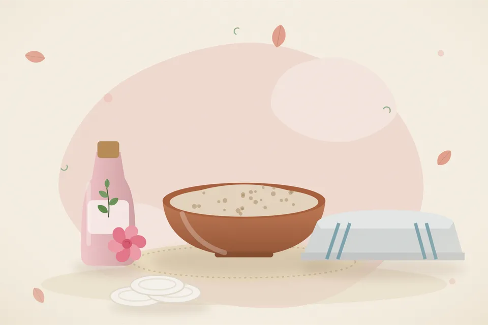 Illustrated still life with rose water, a folded cloth.