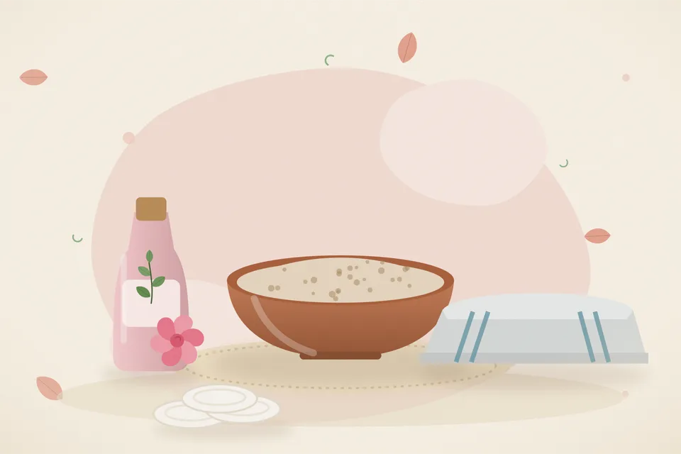 Illustrated still life with rose water, a folded cloth.
