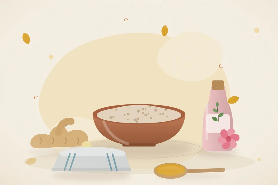 Illustrated still life with fresh ginger, rose water, a folded cloth.