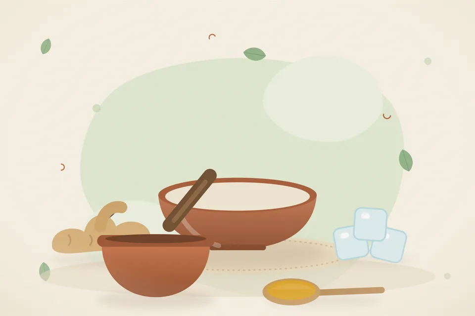 Illustrated still life with fresh ginger, ice.
