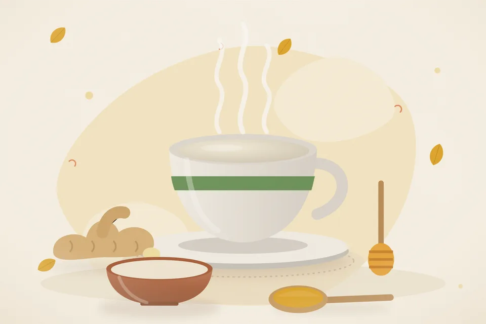 Illustrated still life with fresh ginger, honey.