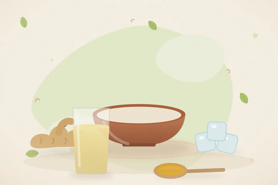 Illustrated still life with fresh ginger, ice.