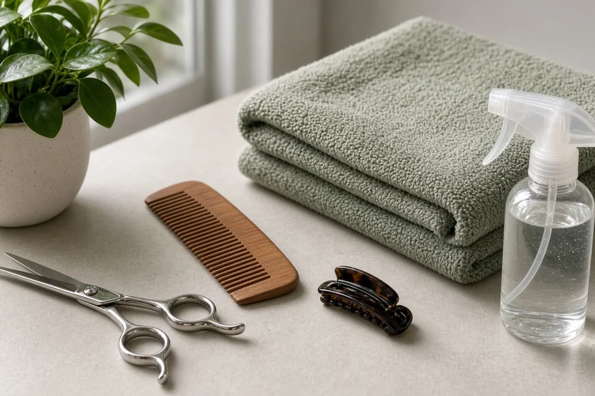 Steel hair scissors beside a wooden comb, a hair clip, folded towels and a spray bottle of water.