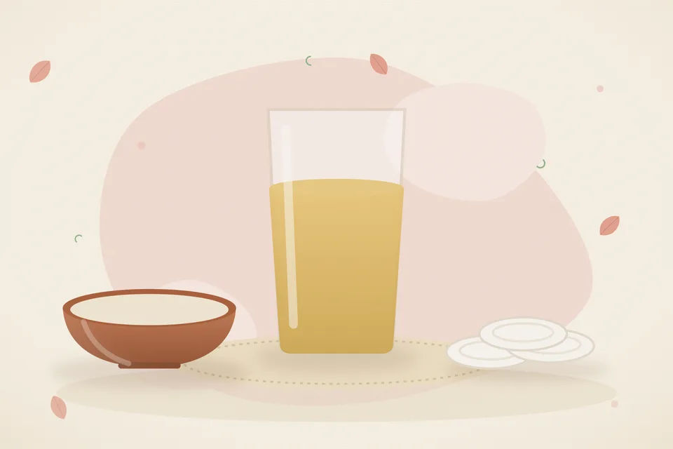 Illustrated Ayurvedic kitchen still life with a bowl, glass and traditional utensils.
