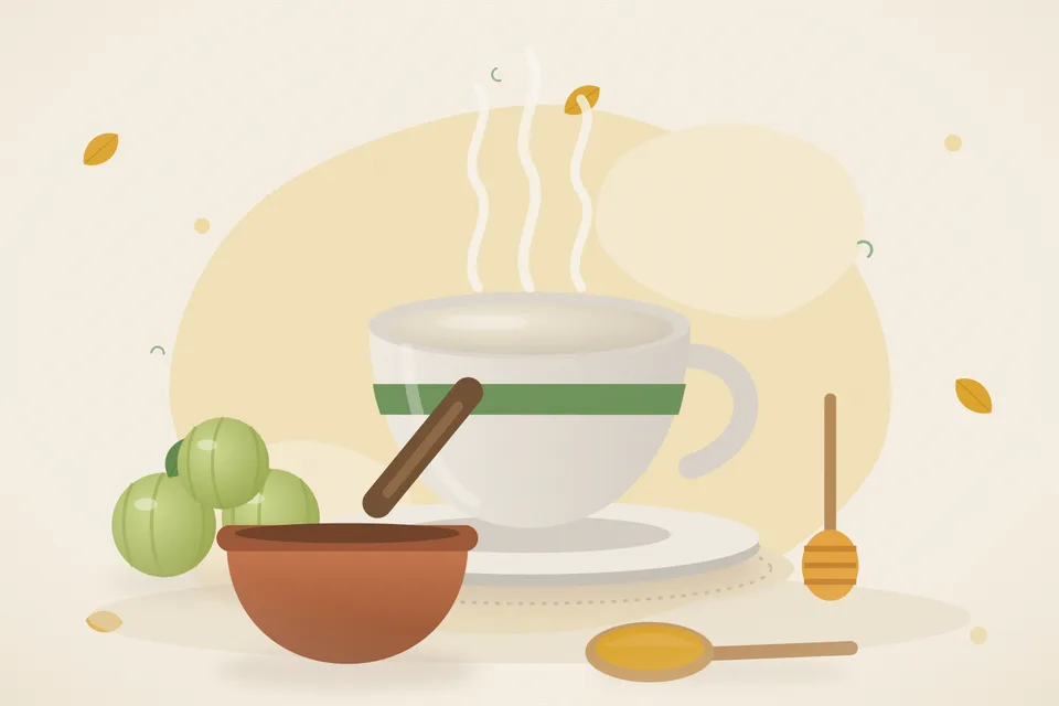 Illustrated still life with amla, honey.